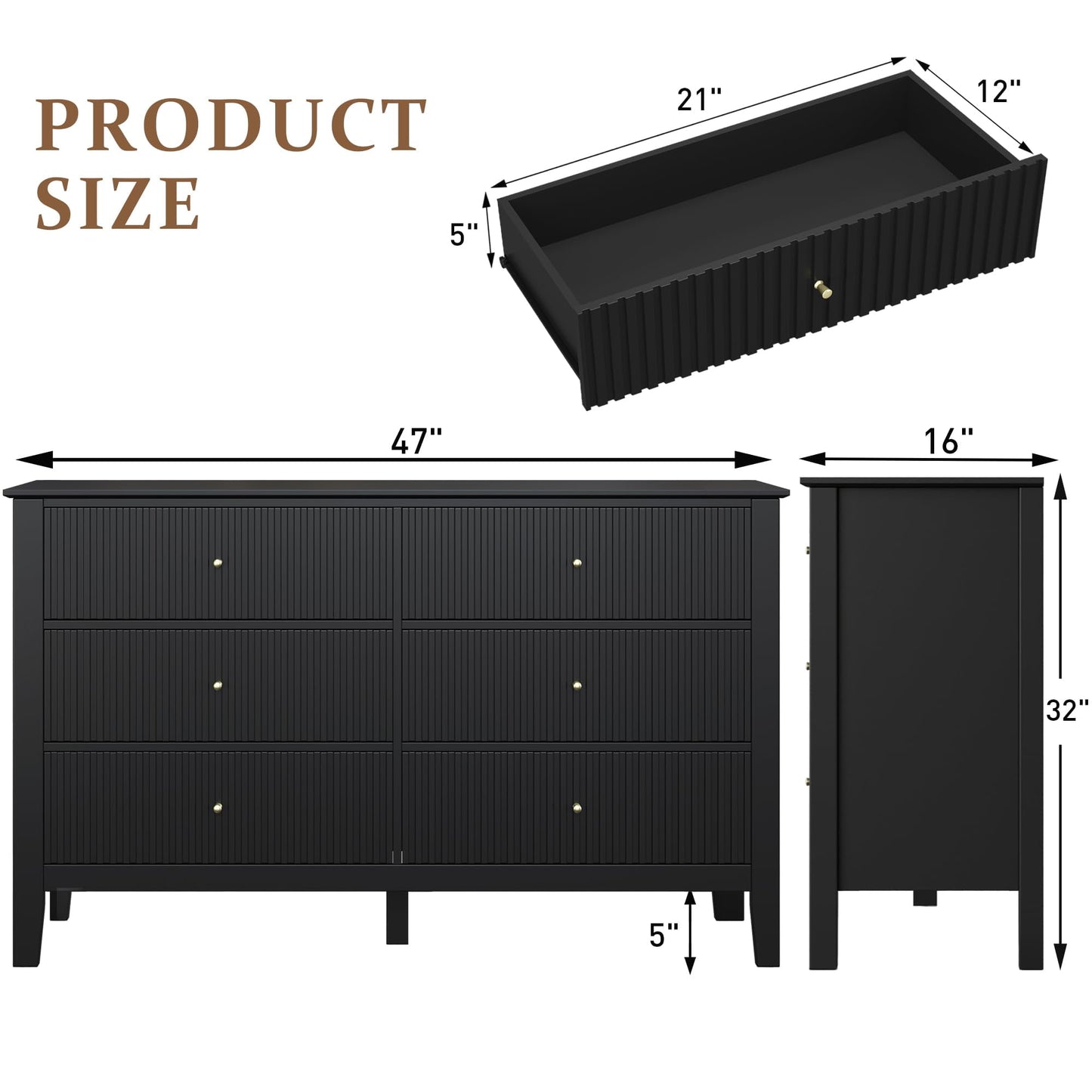 RoyalCraft Black 6 Drawer Dresser, Fluted Modern Wood Dresser, Double Chest of Drawers with Ball Bearing Slide, Long Dresser for Bedroom TV Stand Storage Cabinet for Living Room