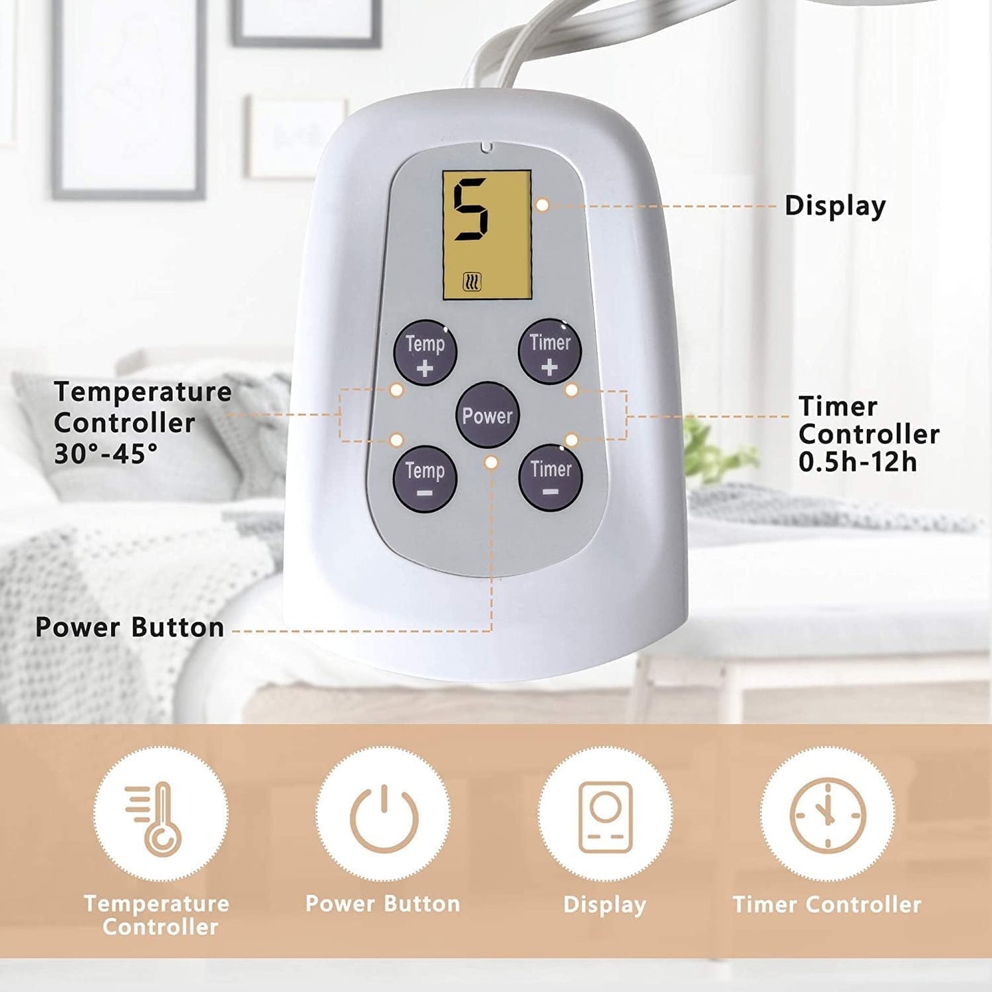 Royalcraft Electric Blanket Queen Size with Dual Control, 10 Heating Levels& 12 hours Auto-off, Overheat Protection, Grey