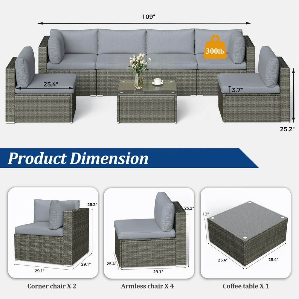 Royalcraft 7 Pieces Patio Conversation Sets, All-Weather PE Grey Wicker Outdoor Rattan Sectional Sofa, Patio Sofa Couch with Table and Grey Cushions