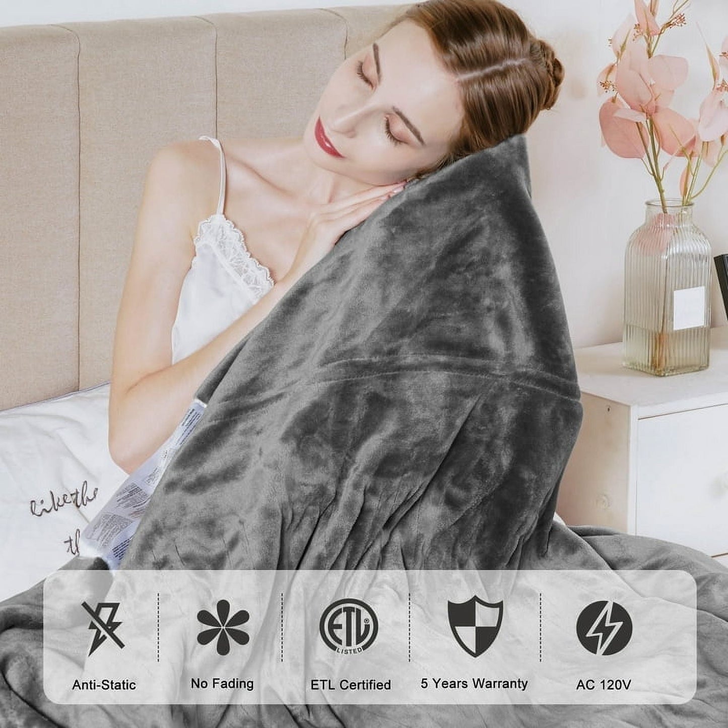 Royalcraft 50" x 60" Electric Blankets Heated Throw Soft Flannel Heating Blanket with 4 Hours Auto Off, ETL Certified, Grey