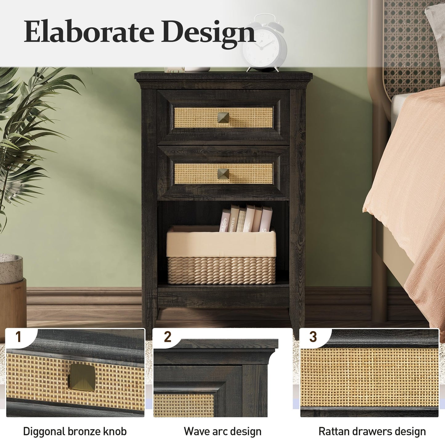 Superjoe Nightstand with 2 Drawers, Accent Bedside Table with Rattan Decor Drawers and Large Storage Shelf, Boho Wood End Table Organizer for Bedroom, Living Room, Grey