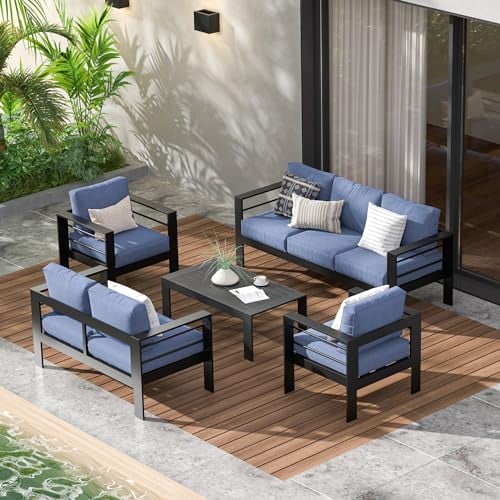 Mayincolor Aluminum Outdoor Patio Furniture Set, 7 Seats Modern Patio Conversation Sets, Outdoor Sectional Metal Sofa with 5 Inch Cushion and Coffee Table for Garden, Black Frame and Blue Cushion
