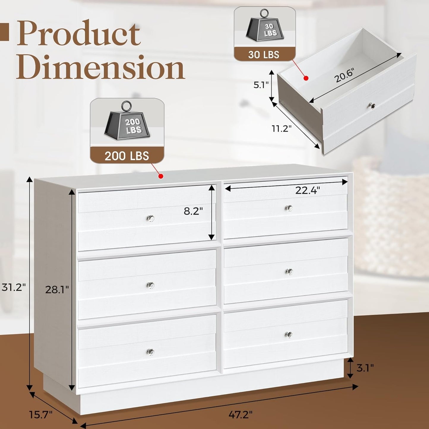 Superjoe 6 Drawer Double Dresser, Bedroom Chest of Drawers, Wood Storage Cabinet for Living Room, Entryway and Hallway, White