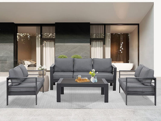 Superjoe 4 Pcs Outdoor Furniture Sofa Set Aluminum Patio Conversation Set With Coffee Table and 5 Inches Cushions, Gray