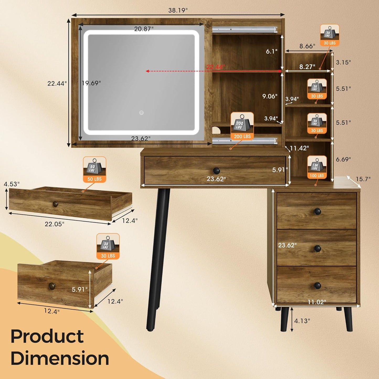 Superjoe Vanity Table with Sliding Lighted Mirror, Makeup Table with 3 Color Touch Light, Vanity Desk with Drawers & Hidden Shelves for Bedroom, Brown (Stool Not Included)