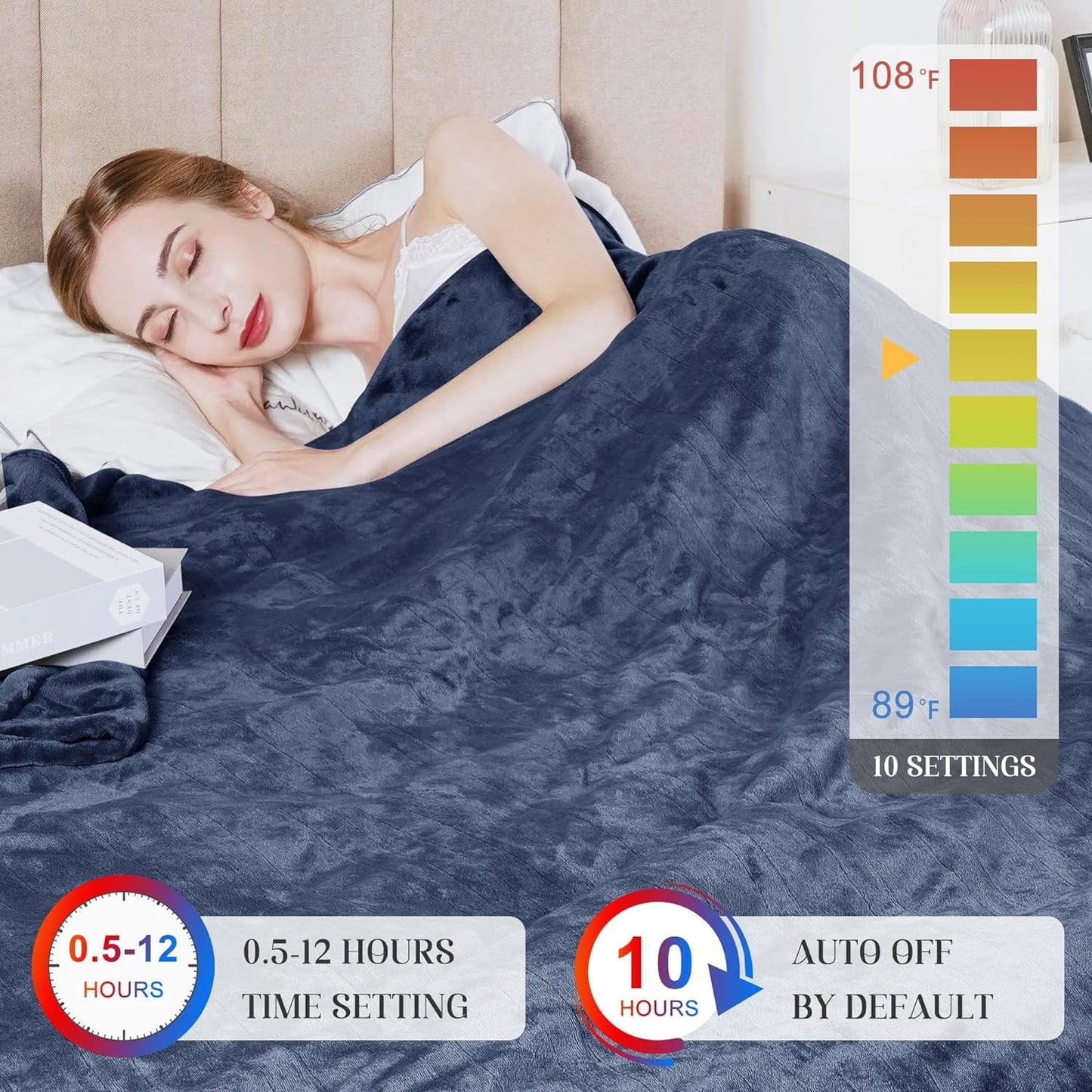 Royalcraft Electric Heated Blanket, 84" x 62" Twin Size Electric Blanket with 10 Heating Levels and 12 Hours Auto-Off, Soft Flannel Blanket with ETL Certification,Blue