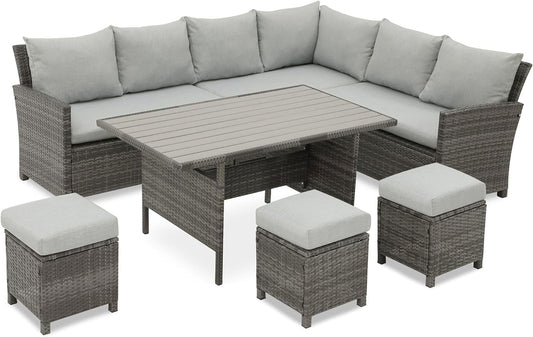 RoyalCraft Patio Furniture Set, 7 Piece High Curved Back Outdoor Dining Sectional Sofa with Dining Table and Chair, All Weather Wicker Conversation Set with Ottoman, Grey