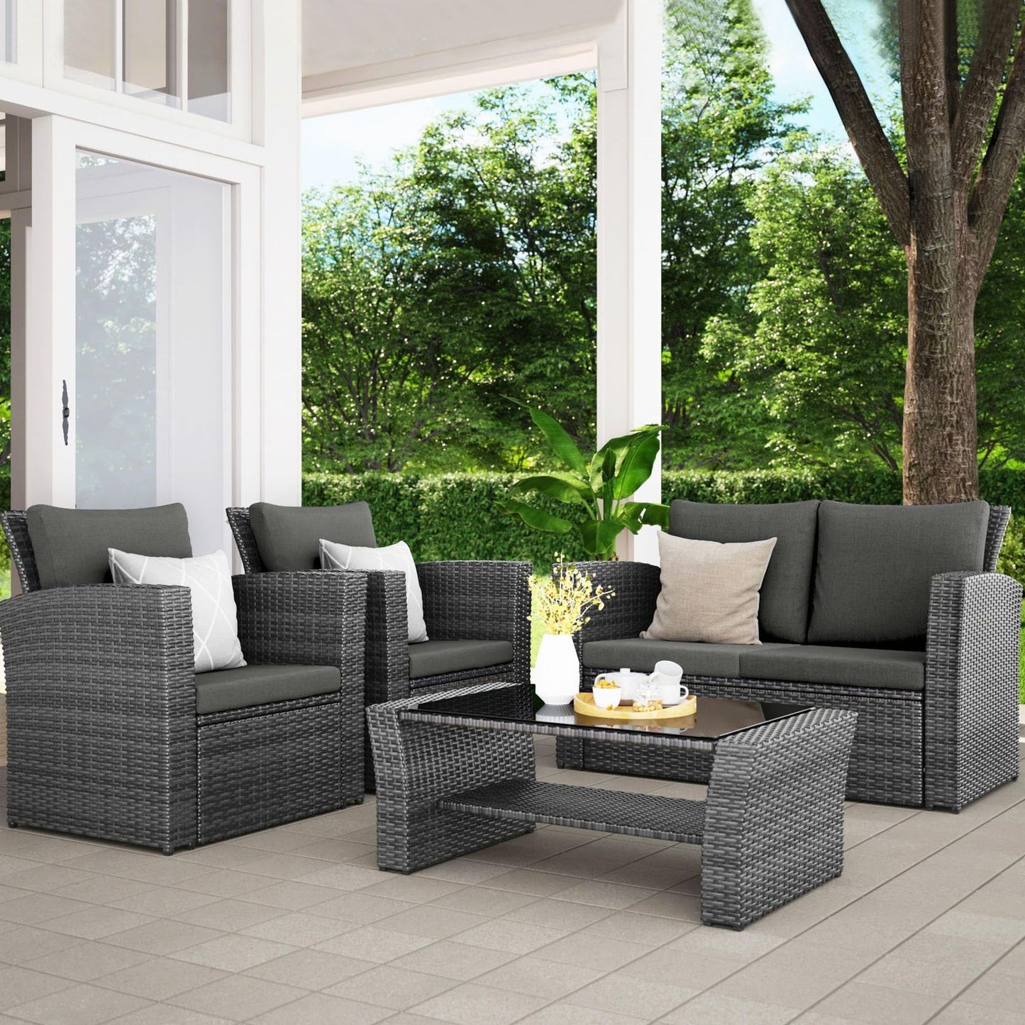 RoyalCraft 4 Piece Outdoor Patio Furniture Sets, Wicker Conversation Set for Porch Deck, Grey Rattan Sofa Chair with Cushion