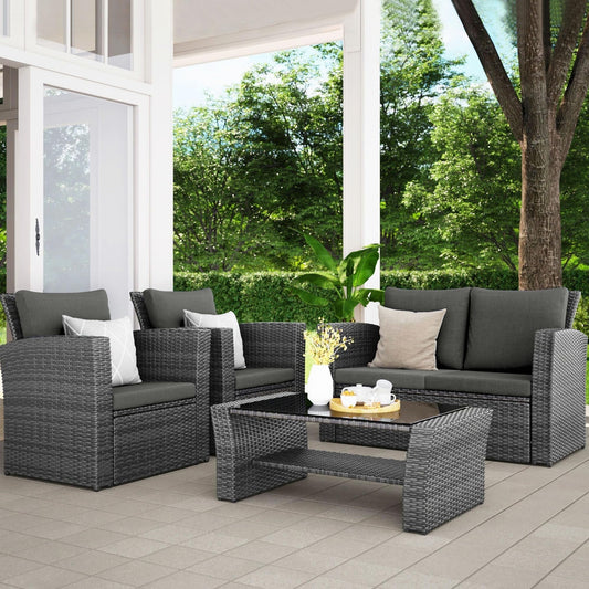 RoyalCraft 4 Piece Outdoor Patio Furniture Sets, Wicker Conversation Set for Porch Deck, Grey Rattan Sofa Chair with Cushion
