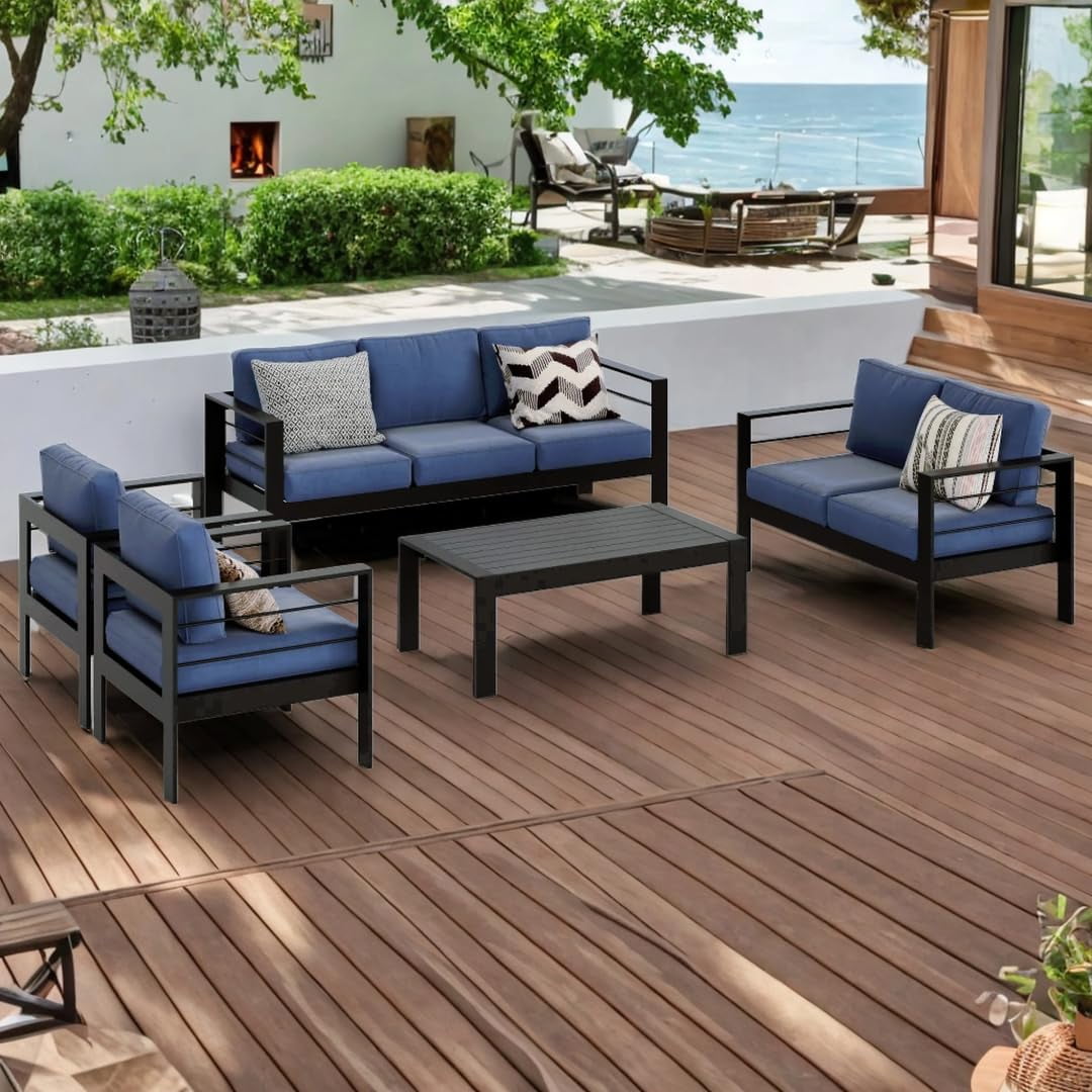 RoyalCraft Aluminum Outdoor Patio Furniture Set, Modern Patio Conversation Sets, Outdoor Sectional Metal Sofa with 5 Inch Cushion and Coffee Table for Balcony, Garden, Blue