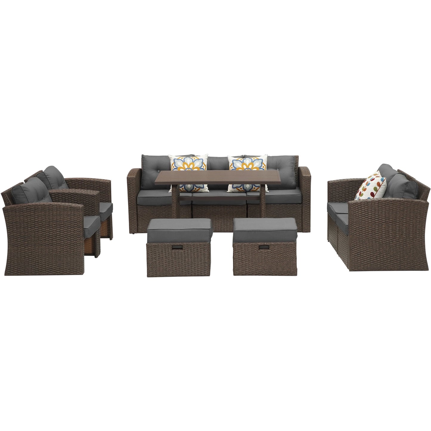Royalcraft Outdoor Patio Furniture Set,10 Pieces Outdoor Sectional Wicker Sofa PE Rattan Conversation Sets with Dining Table,Aluminum Frame,Brown