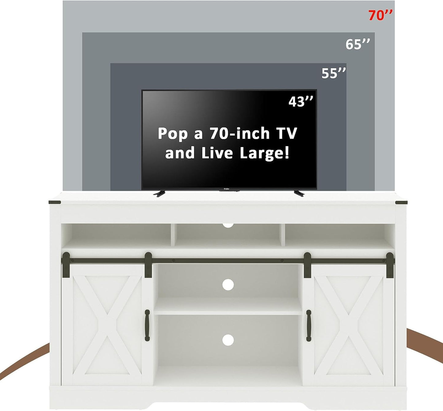 Royalcraft Farmhouse TV Stand for 65+ Inch TV, 34'' White Entertainment Center with Sliding Barn Doors,  Wood  Cabinet Television Stands- White
