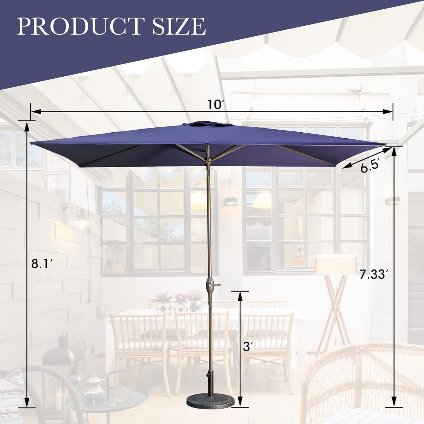 RoyalCraft 6.5 x 10 Ft Rectangular Patio Umbrella Aluminum Pole, Outdoor Table Market Umbrella with Crank, 6 Steel Ribs, Polyester Canopy, Navy Blue