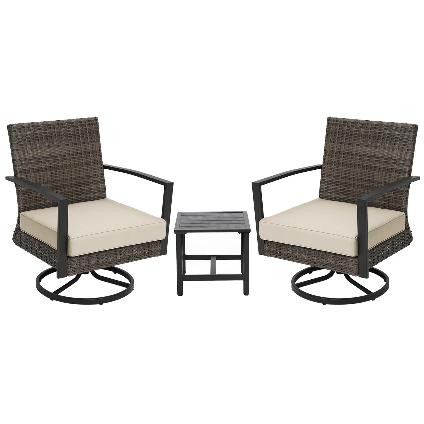 Royalcraft 3 Pieces Patio Bistro Set with Swivel Chair and Small Side Table, Weather Rattan Chairs with Water-Resistant Cushions & Metal Frame, Outdoor Rocking Chairs for Bistro, Pool, Porch, Beige