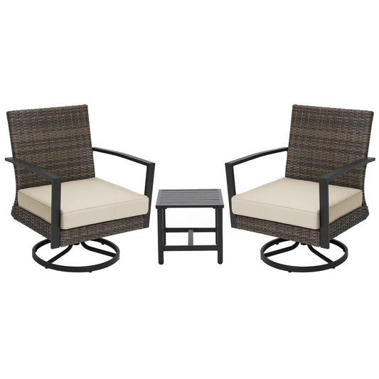 Royalcraft 3 Pieces Patio Bistro Set with Swivel Chair and Small Side Table, Weather Rattan Chairs with Water-Resistant Cushions & Metal Frame, Outdoor Rocking Chairs for Bistro, Pool, Porch, Beige