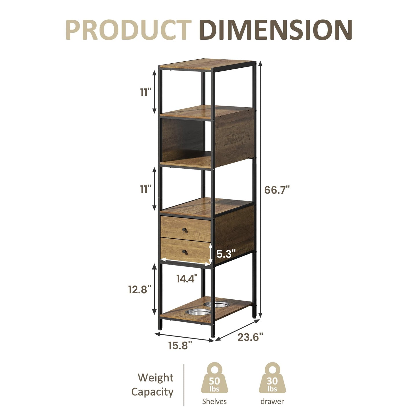 CozyHome Industrial Bookshelf, Standing Display Shelf with 2 Dog Bowls, Metal and Wood Bookshelf, Dog Feeder Station with Shelves, Brown