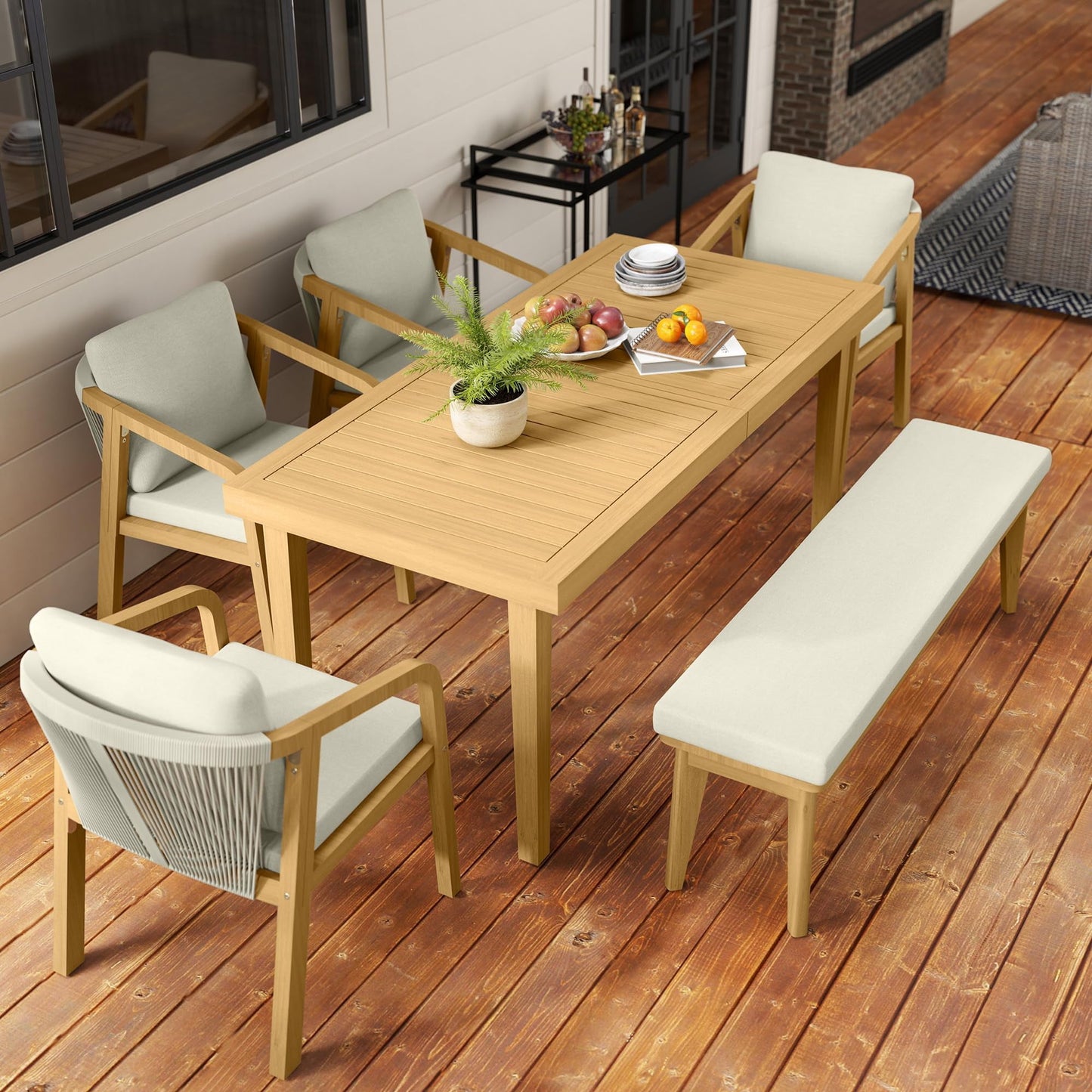 Heynemo Acacia 6 Pieces Patio Dining Set with Dining Table, Chairs, and Bench, All-Weather Wood Chairs with Cushions, Modern Outdoor Dining Furniture Set for Lawn, Backyard, Garden, Deck, Beige