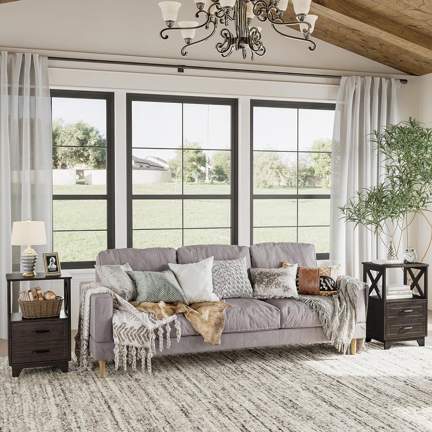 Royalcraft End Table, Side Table with X Shaped Design, Wooden Rustic End Table with 2 Large Storage Drawers and Large Open Shelf for Living Room