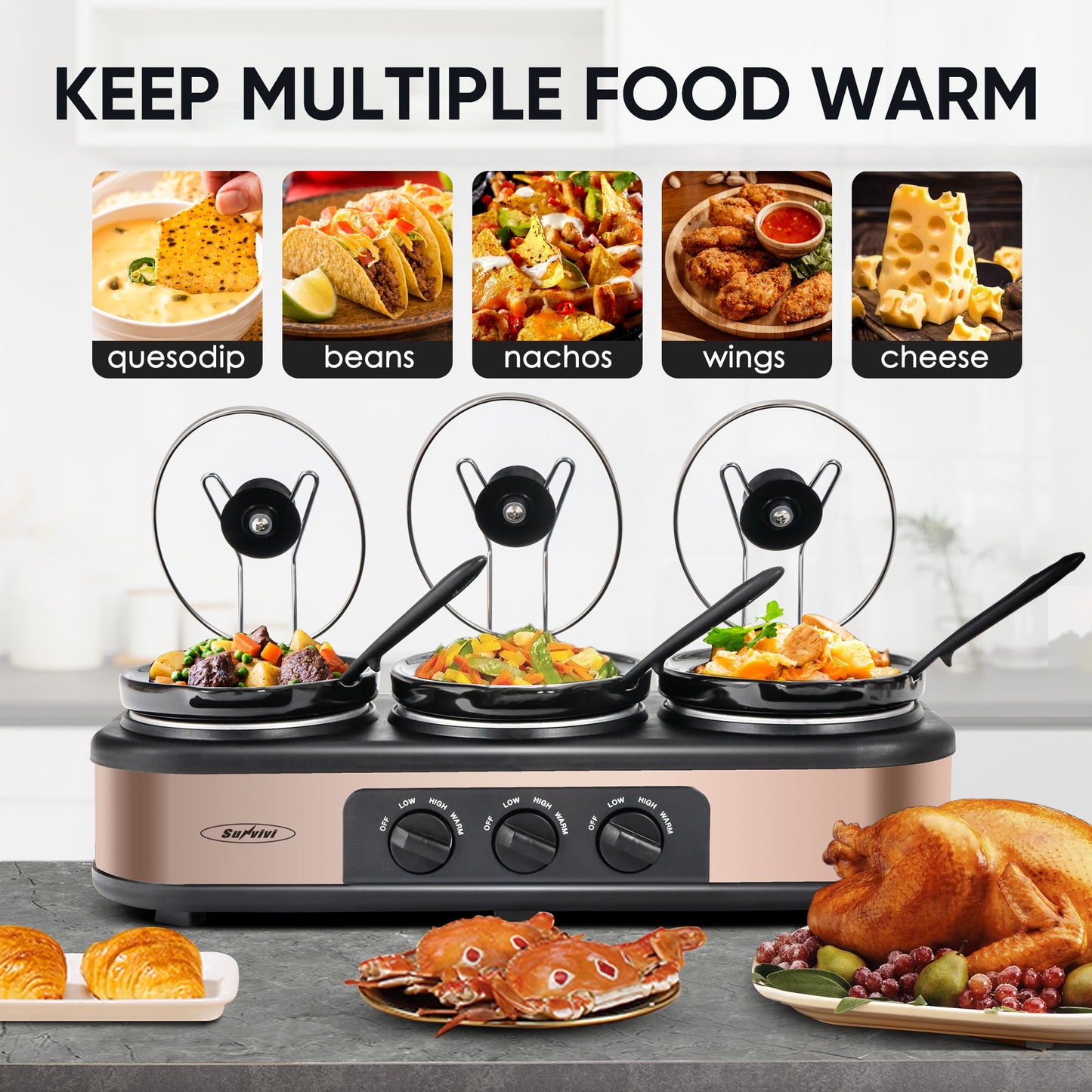 Royalcraft Double Slow Cooker, 2 Pot 1.25 Quart Oval Crock Food Warmer Buffet Server, Stainless Steel