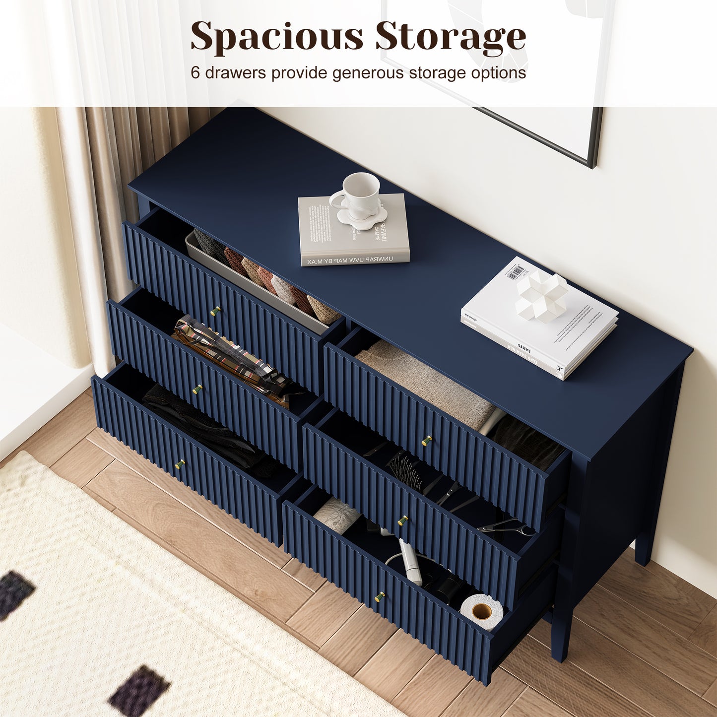 Royalcraft Fluted 6 Drawer Dresser, Wide Modern Chest of Drawers, Large Wood Storage Cabinet Organizer for Bedroom, Living Room, Hallway, Entryway, Blue