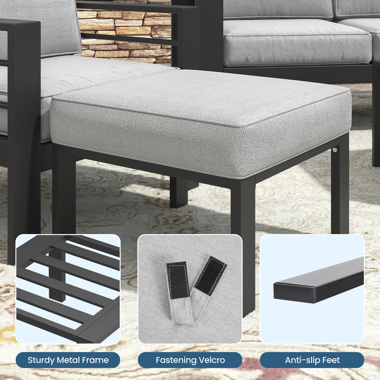 Royalcraft Patio Furniture Footstools Metal Ottomans Set of 2, Metal Outdoor Ottomans with Upgraded Cushions, All-weather Outdoor Footrest Seat for Balcony, Garden, Deck, Backyard, Black