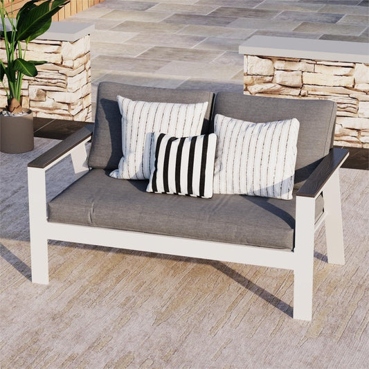 RoyalCraft 2-Seat Aluminum Outdoor Patio Armchair Furniture Set With Faux Wooden, Aluminum Sofa Chair Conversation Set With Removable Cushions, White.