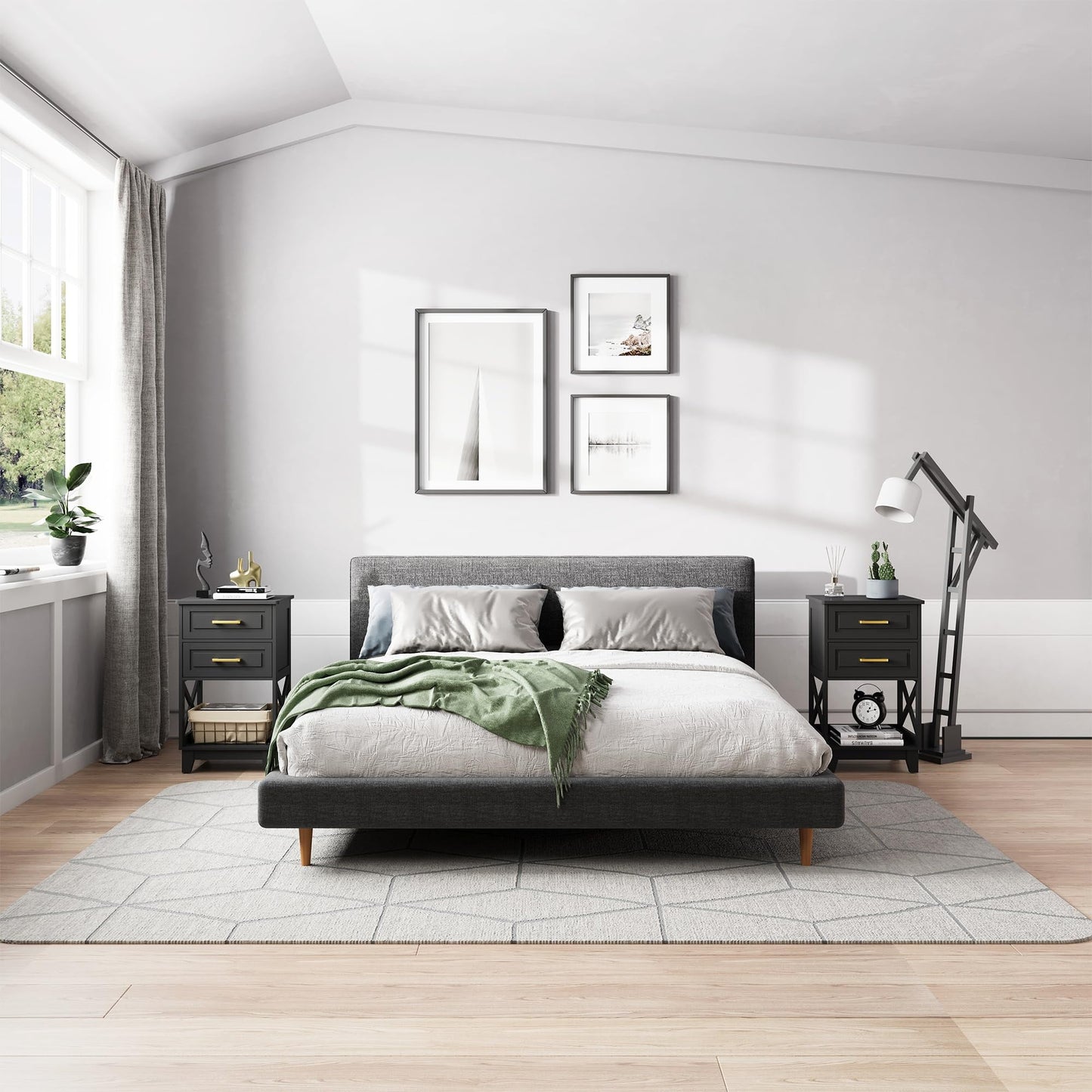 RoyalCraft Tall Nightstand Set of 2, Side Table with 2 Drawers and Open Shelf Below, Bedside Table with Solid Feet, Modern Night Stand End Table for Bedroom, Living Room, Home Office, Black