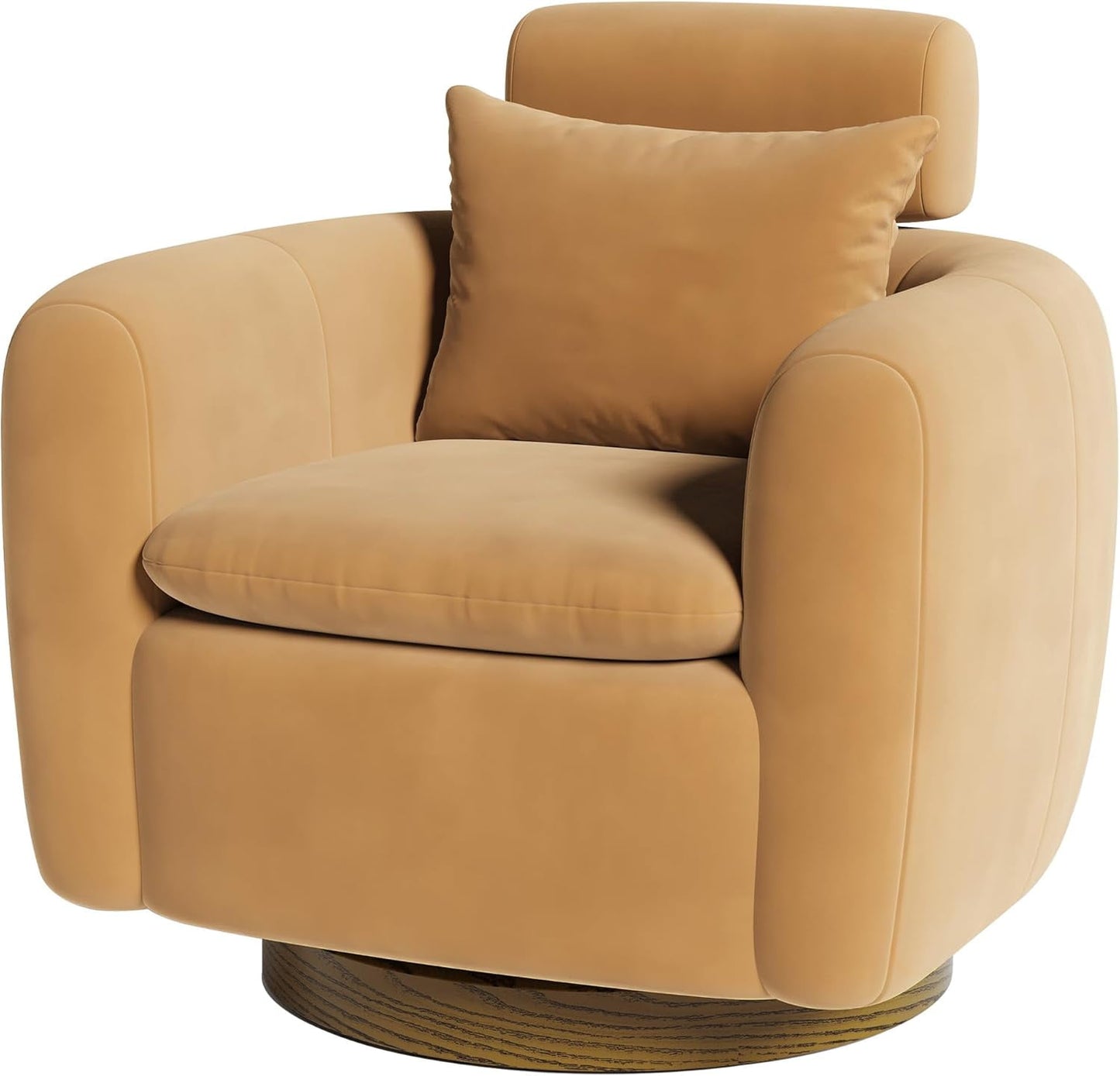 CozyHome Oversized Swivel Barrel Chair, 360° Accent Chair with Solid Wood Base, Comfy Upholstered Sofa Chair with Adjustable Headrest, Mid Century Modern Armchair for Living Room, Camel Brown