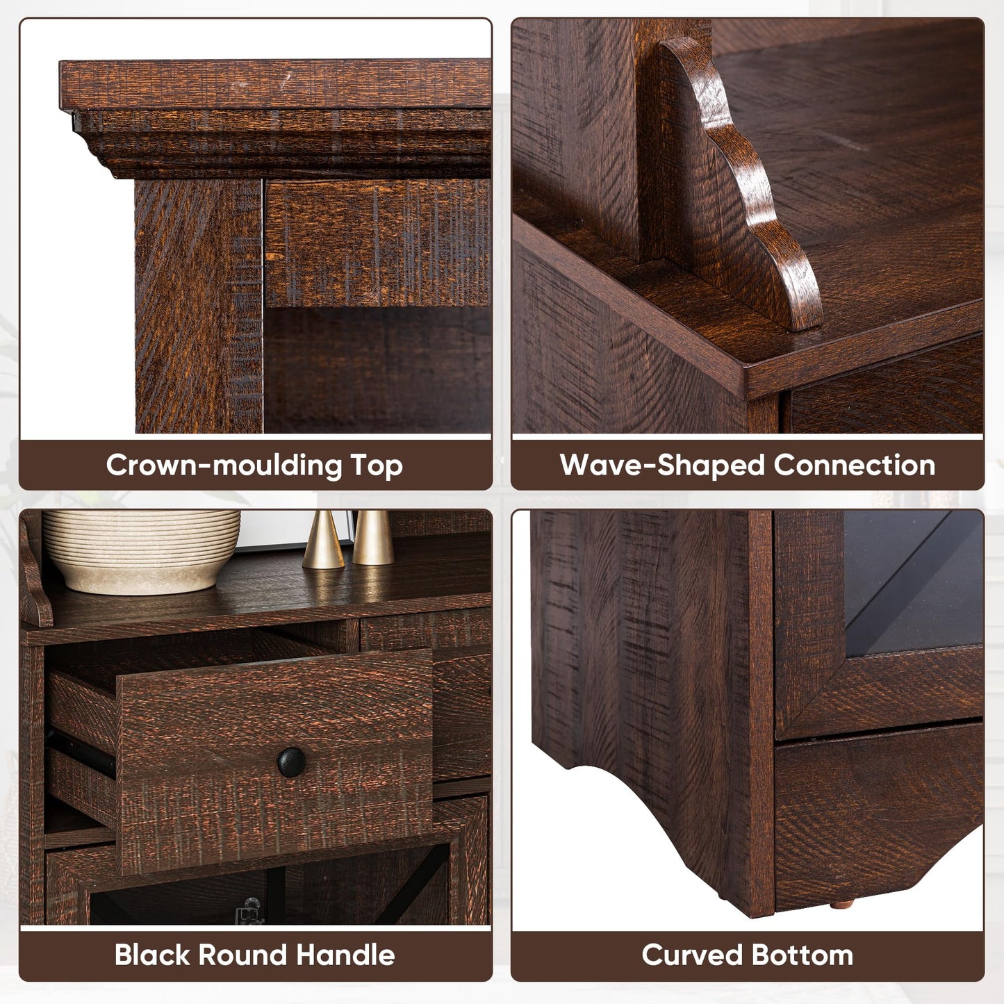 CozyHome Kitchen Hutch Storage Cabinet w/Power Outlet, 71” Tall Pantry Cabinet w/LED and Wine Glasses Rack, Farmhouse Coffee Bar Cabinet w/Drawers for Dining Room, Dark Rustic Oak
