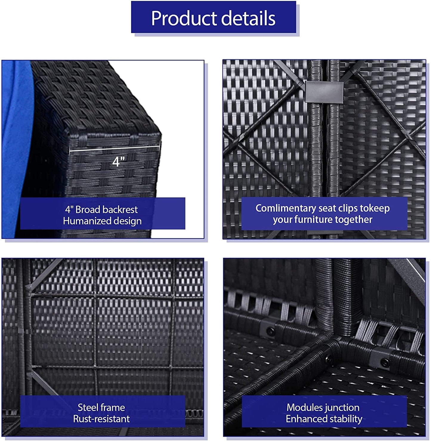 Sunvivi Wicker Patio Loveseat, Create the Patio of Your Dreams With Our Modular Furniture Sets, Black and Blue, PE Wicker
