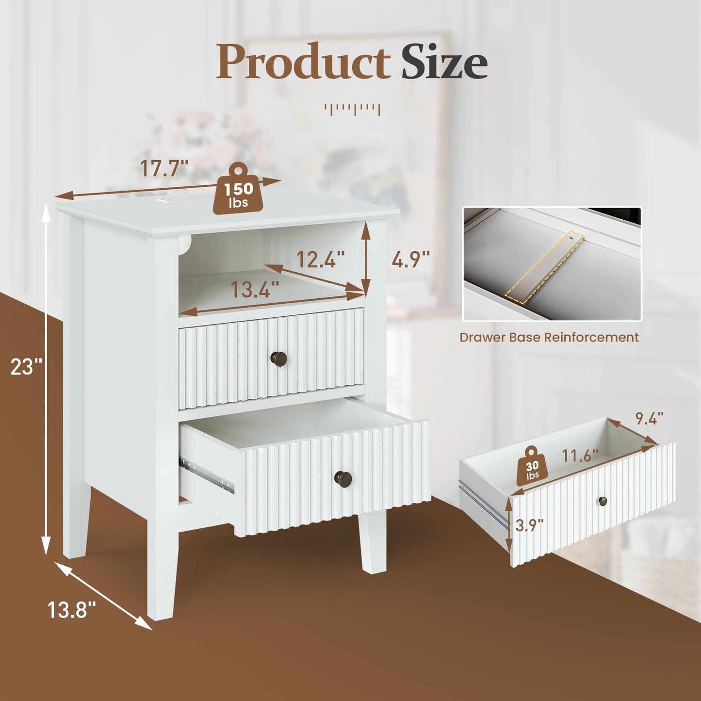 RoyalCraft Fluted Nightstand with Charging Station, White End Table with 2 Silent Slide Drawers & Storage Shelf, Wood Night Stand Cabinet for Living Room, Bedroom