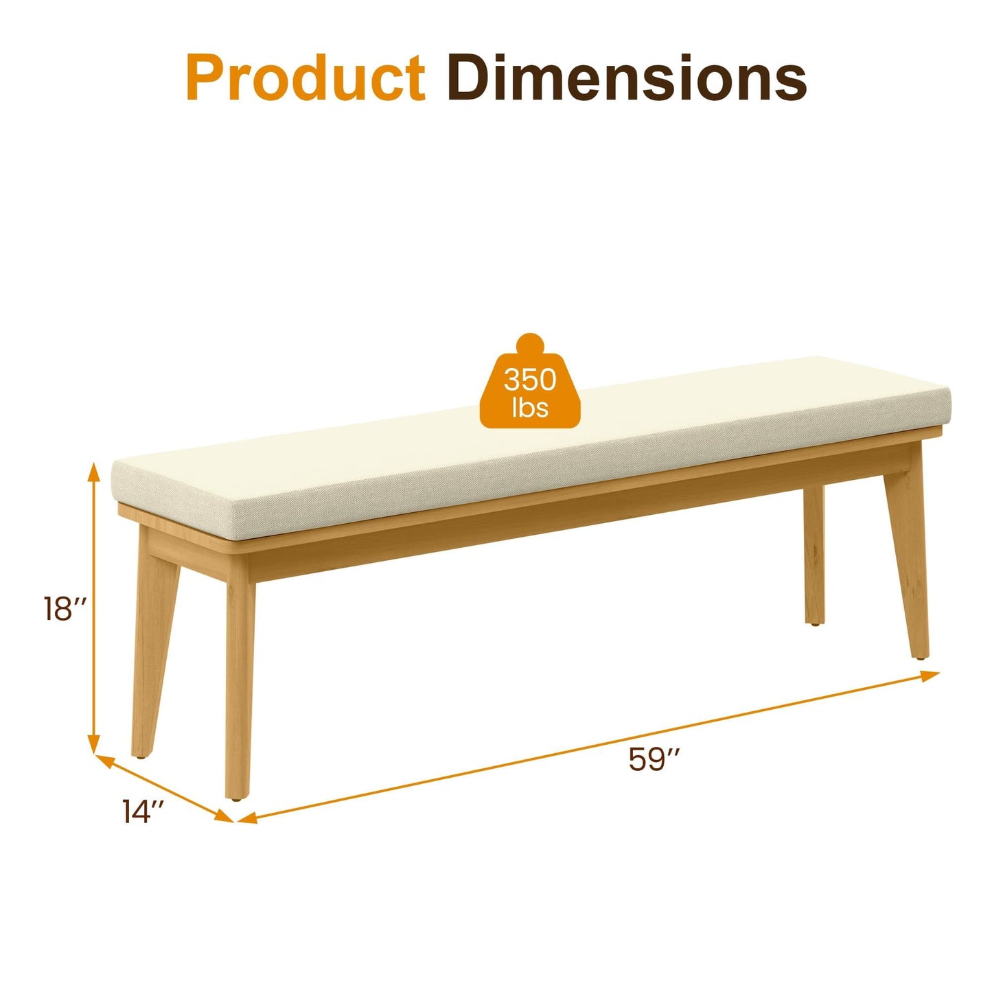 RoyalCraft Acacia Patio Bench, Upholstered Bench with Thick Cushion, Modern Wood Outdoor Dining Bench for Porch, Backyard, Garden, Indoor, Beige