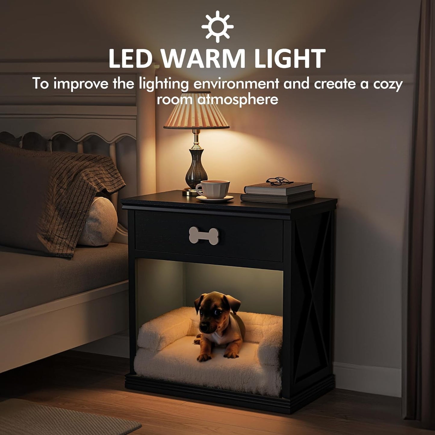 Royalcraft Vintage Small Storage Cabinet with Led Light, Hidden Cat Litter Box with Drawer and Semi-Open Space, Multi-Functional Nightstands with Pet House for Living Room, Bedroom, Blue
