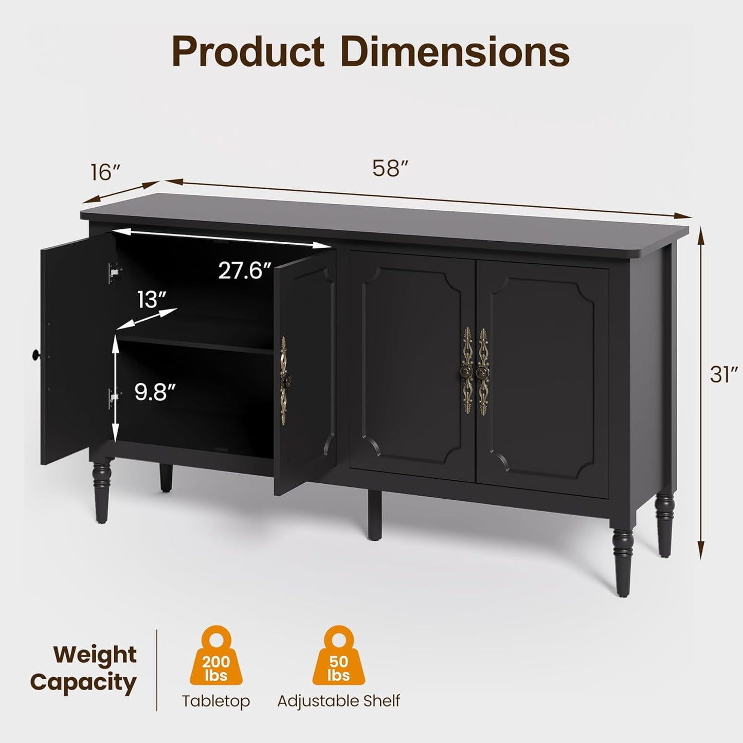 May in Color Sideboard Buffet Cabinet, 58'' Wood Console Cabinet with Storage & 4 Doors, Mid Century Media Cabinet for Entryway, Living Room, Dining Room, Black