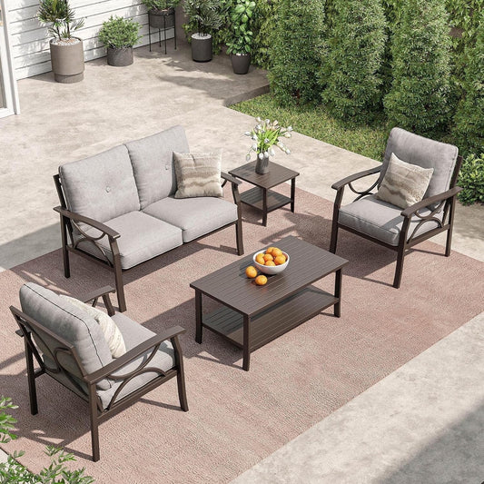 Outdoor Patio Furniture Set, 4 Piece Patio Conversation Set with Coffee Table, Metal Furniture Set for Porch Backyard Garden, Grey