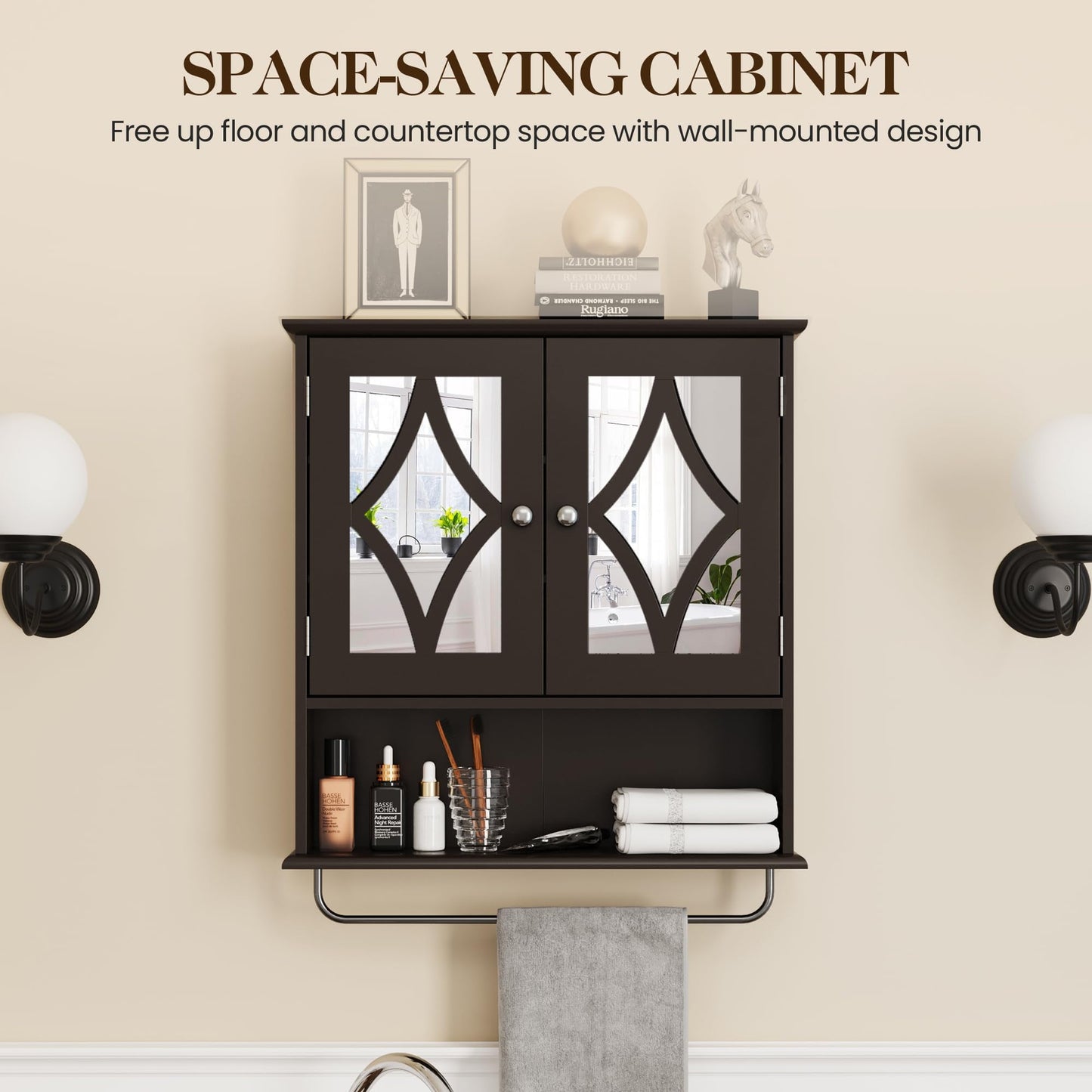 RoyalCraft Bathroom Medicine Cabinet with Mirror, Vanity Wall Mounted Storage Cabinet with Adjustable Shelves and Towel Bar, Hanging Wall Cabinet for Bathroom, Laundry, Living Room, Brown