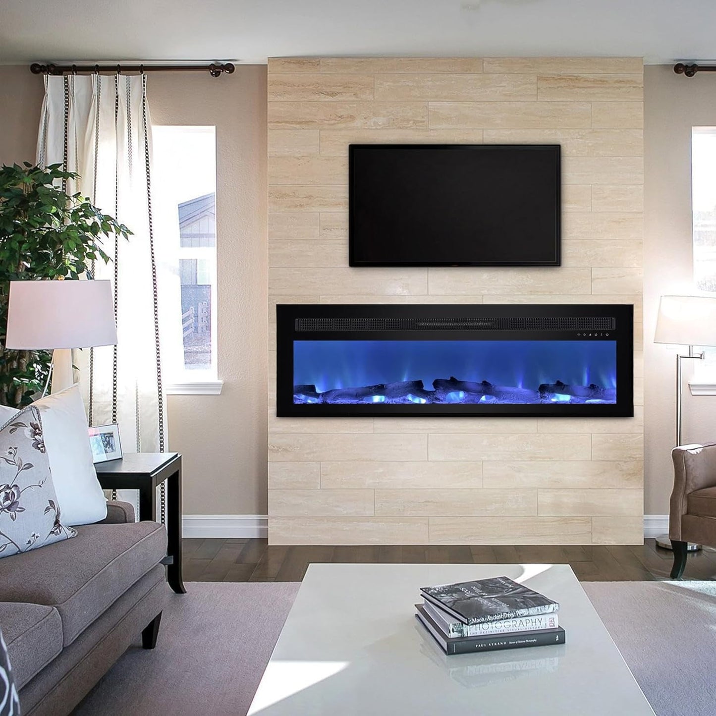 Royalcraft 50 Inch Recessed and Wall Mounted Electric Fireplace, Low Noise Fireplace Heater with 20 Multicolor Flames and 8h Timer, 1400W Heater with Touch Screen and Remote Control, Black