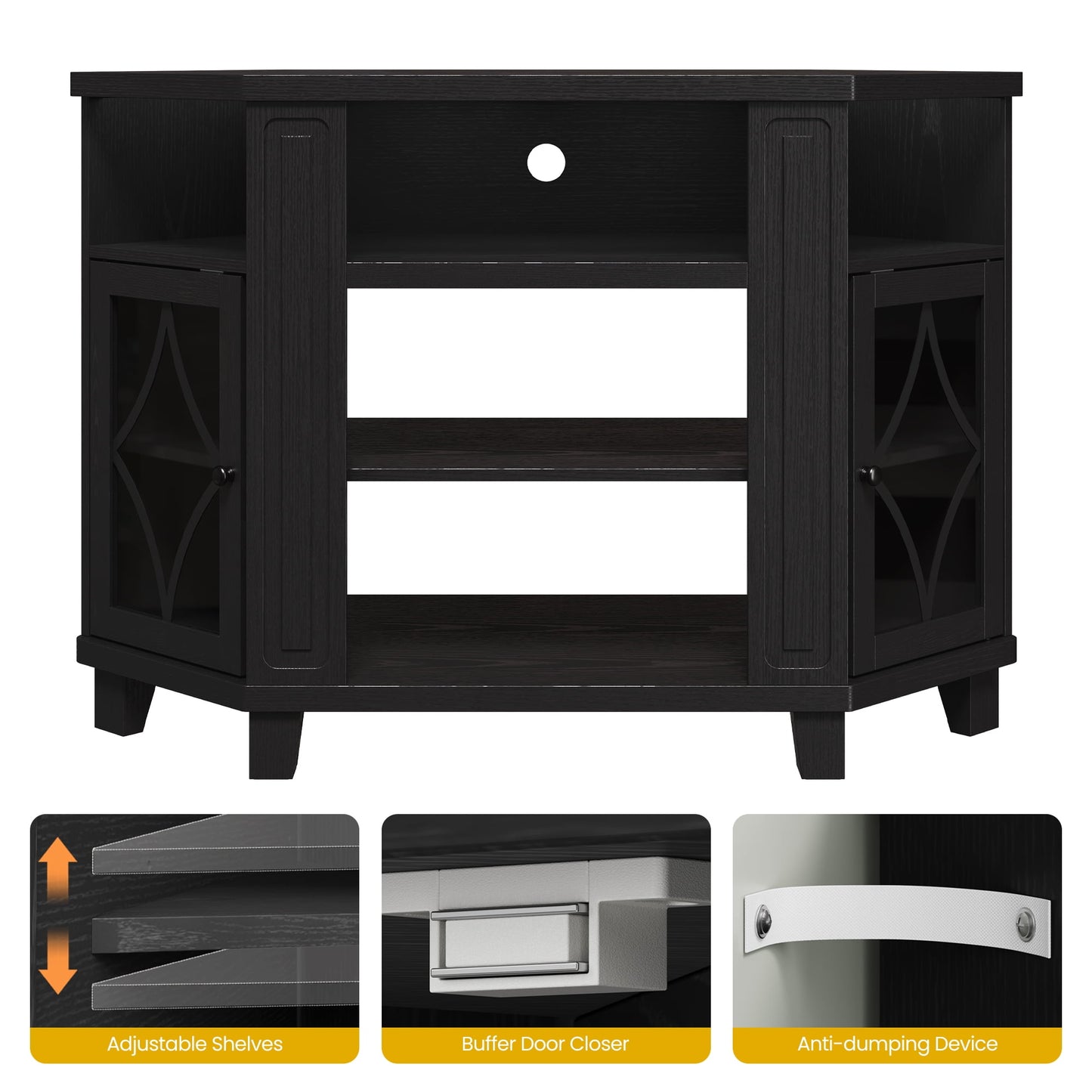 RoyalCraft Corner TV Stands for TVs up to 55'', Media Console Table with Adjustable Shelves, Acrylic Doors with Double-Diamond Design, Wood Modern Entertainment Center for Living Room Bedroom, Black