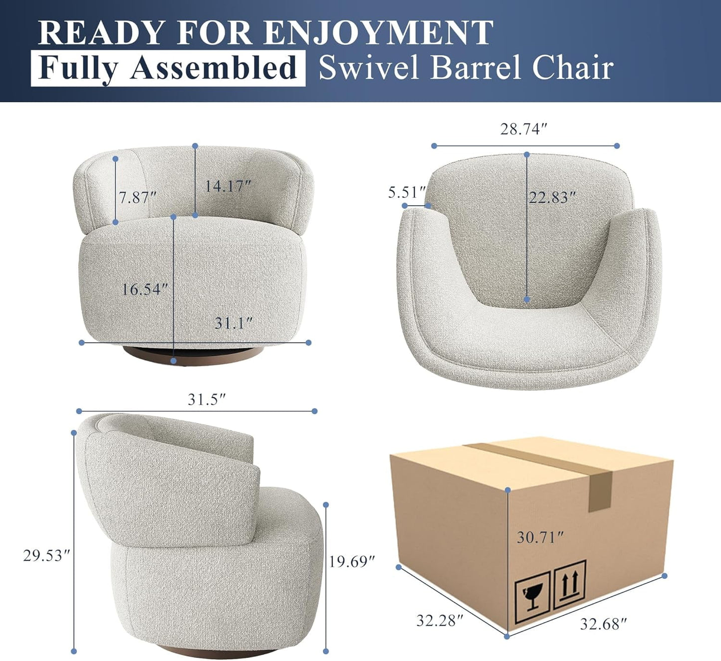 Superjoe Swivel Accent Chair, Fully Assembled Round Barrel Chairs, Oversized Upholstered Armchair with 360-Degree Base, Modern Club Chair for Living Room, Bedroom, Office, Ivory
