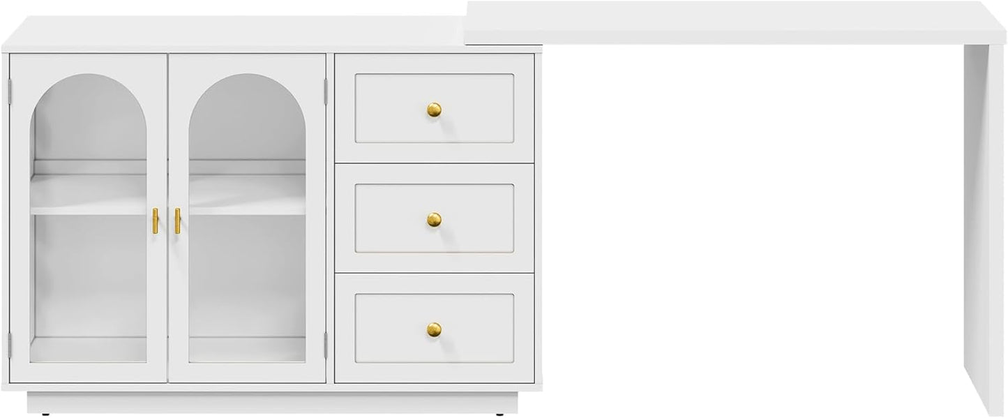 RoyalCraft 83¡± Large Extendable Makeup Vanity Desk, Corner Vanity Table with 3 Drawer & 2 Door, Modern Dressing Table and Chest of Drawers Combo, Accent Vanity for Bedroom, Dressing Room