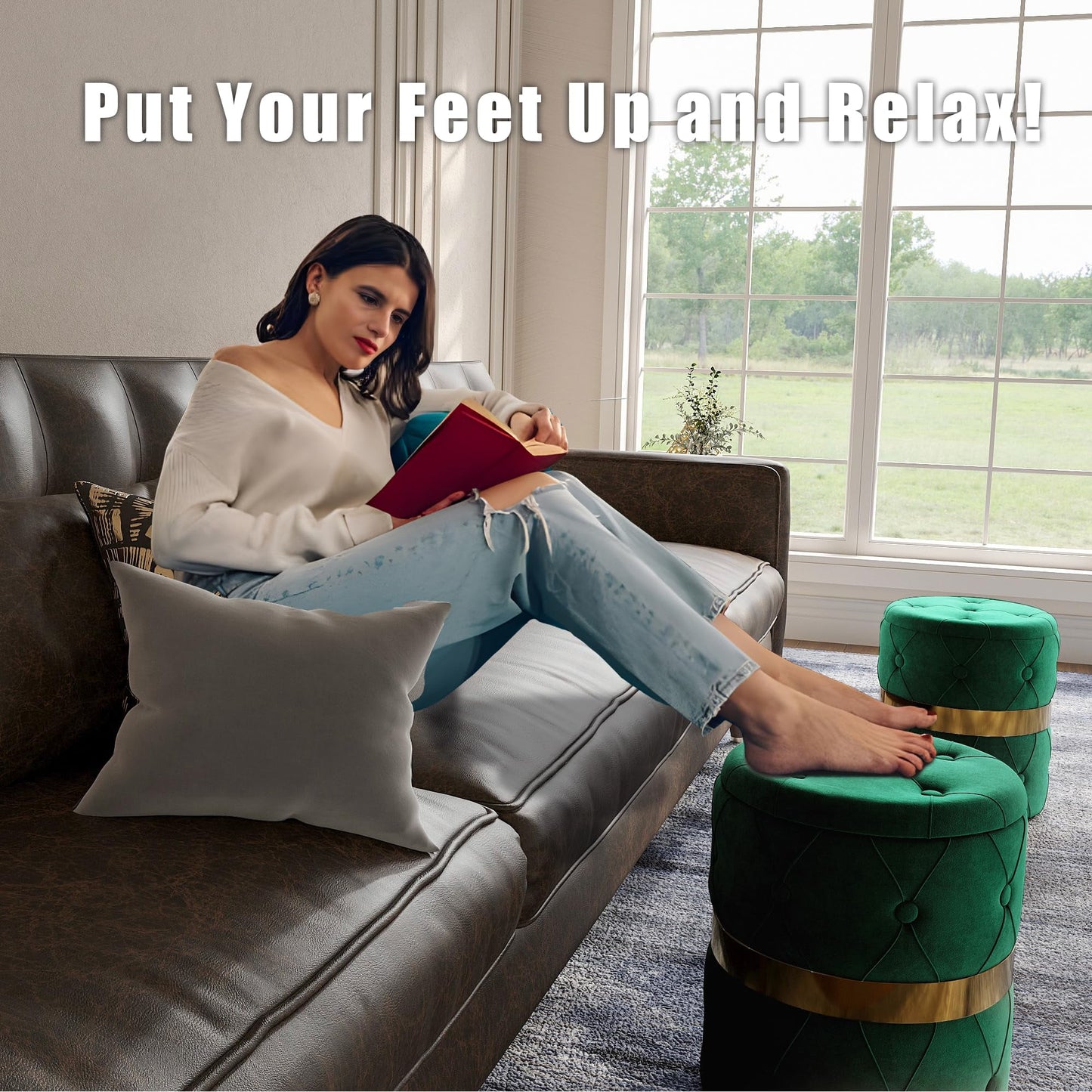 Superjoe Storage Ottoman Set of 2, Versatile Footrest Stool with Stainless Steel Base, Modern Round Vanity Stool Chair Foot Stools, Support 200lbs Padded Seat, for Living Room, Bedroom, Green