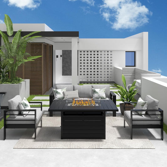 RoyalCarft Aluminum Patio Furniture Set with Fire Pit Table, 4 Piece Metal Outdoor Furniture with Water-Resistant Cushions, Modern Patio Conversation Set for Backyard,Black Frame and Grey Cushion