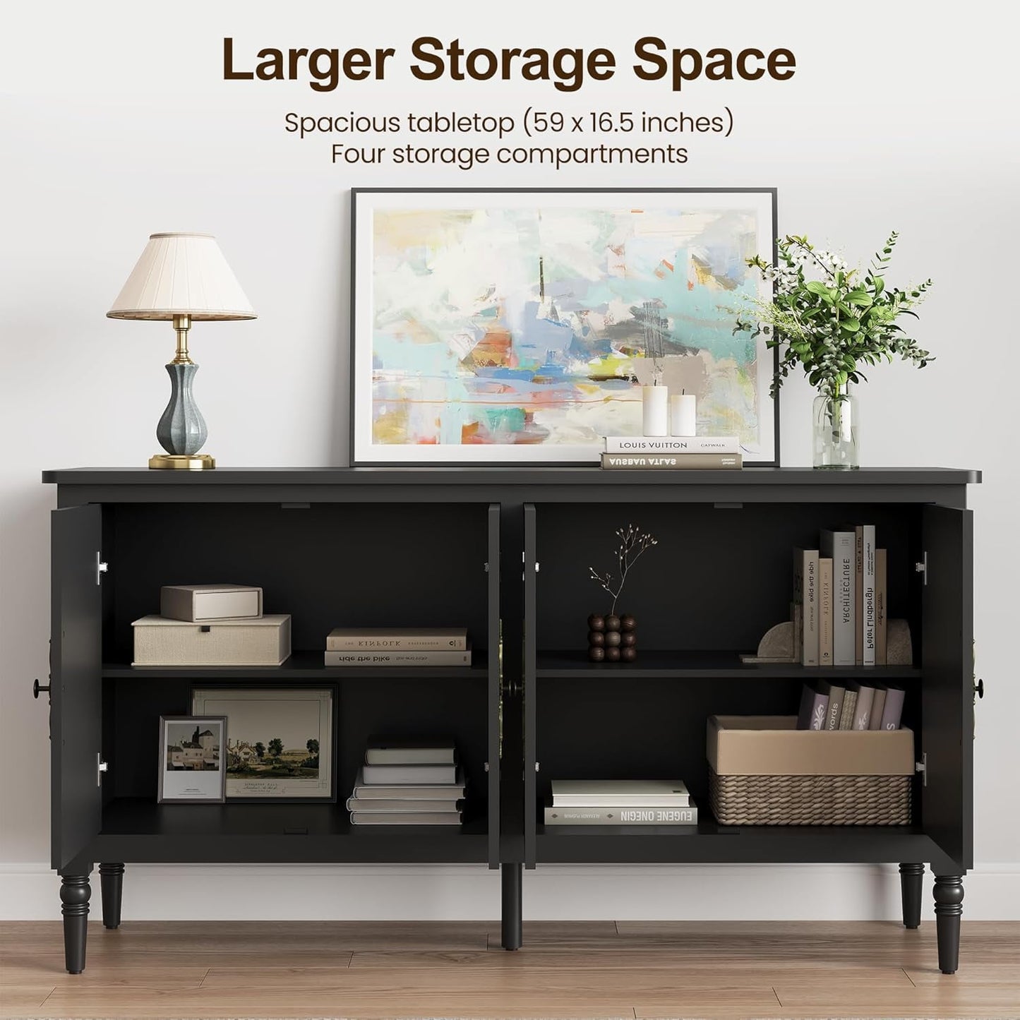 May in Color Sideboard Buffet Cabinet, 58'' Wood Console Cabinet with Storage & 4 Doors, Mid Century Media Cabinet for Entryway, Living Room, Dining Room, Black