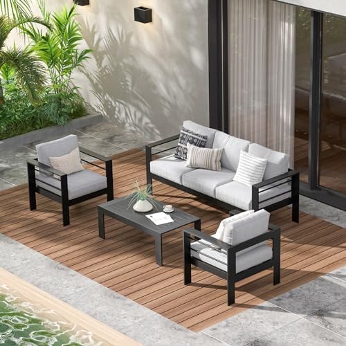 Mayincolor Aluminum Outdoor Patio Furniture Set, 5 Seats Modern Outdoor Conversation Set Sectional Sofa with Upgrade Cushion and Coffee Table for Balcony,Black Frame and Grey Cushion