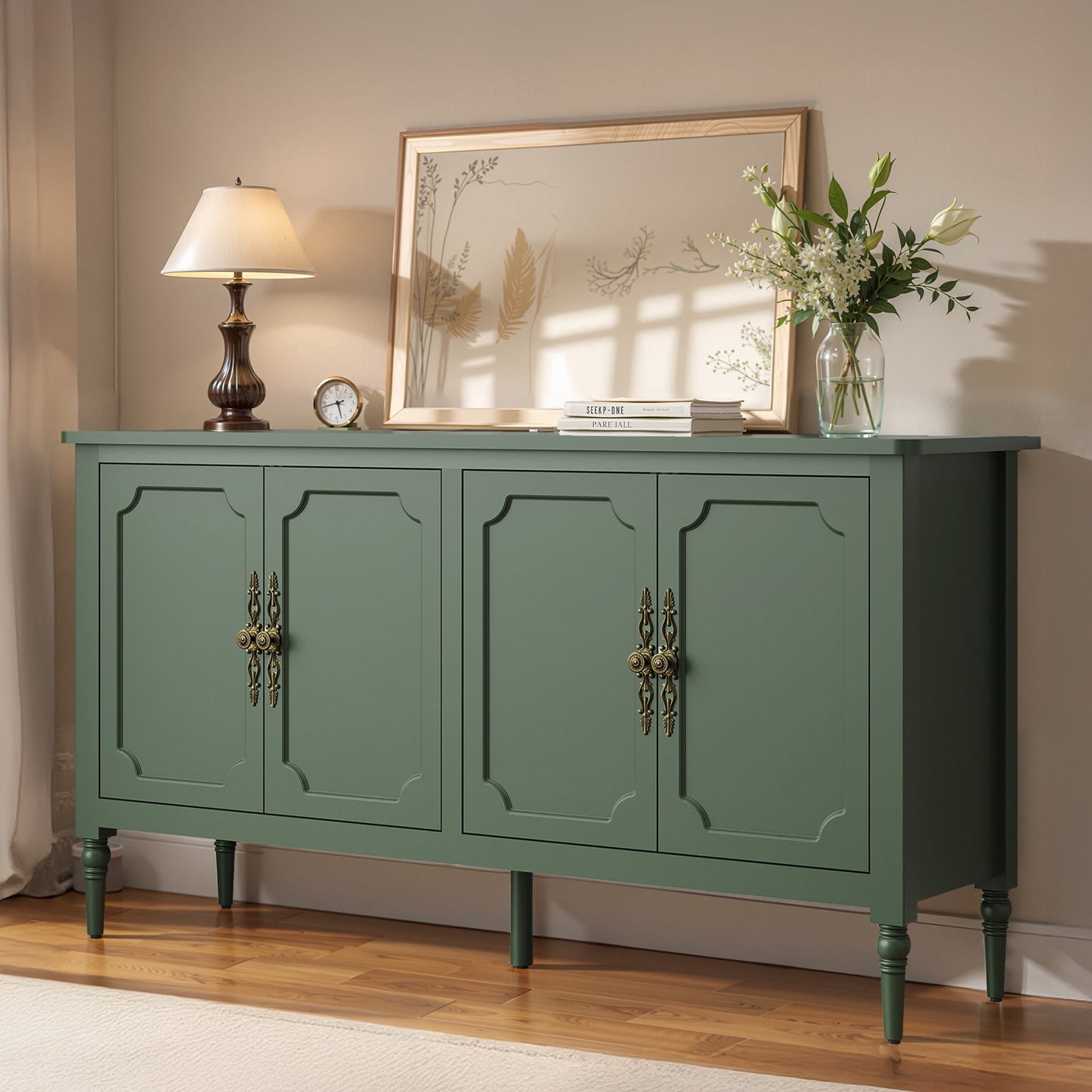 May in Color 58" Wood Buffet Cabinet, Mid-Century Modern Console Cabinet, with 4 Door & Media Storage, for Entryway, Living Room, Dining Room, Bedroom, Green