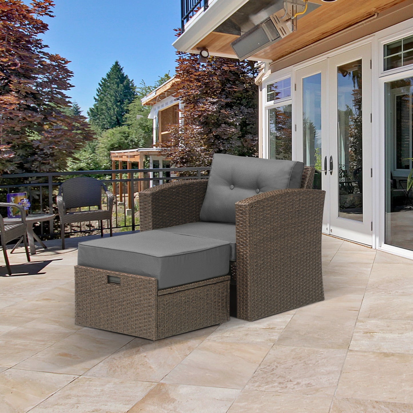 Royalcraft 4 Pieces Wicker Furniture Single Chair with Ottoman,All-Weather Brown Rattan Outdoor ArmChair Sofa Set with Dark Grey Non-slip Cushions,Aluminum Frame