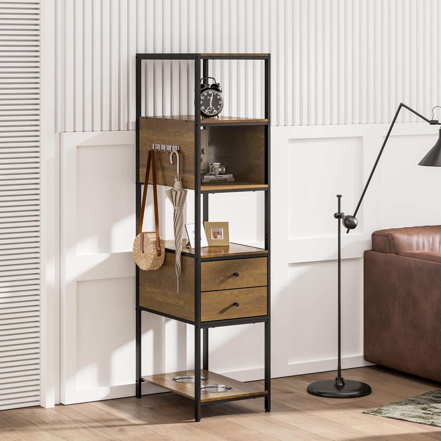 CozyHome Industrial Bookshelf, Standing Display Shelf with 2 Dog Bowls, Metal and Wood Bookshelf, Dog Feeder Station with Shelves, Brown