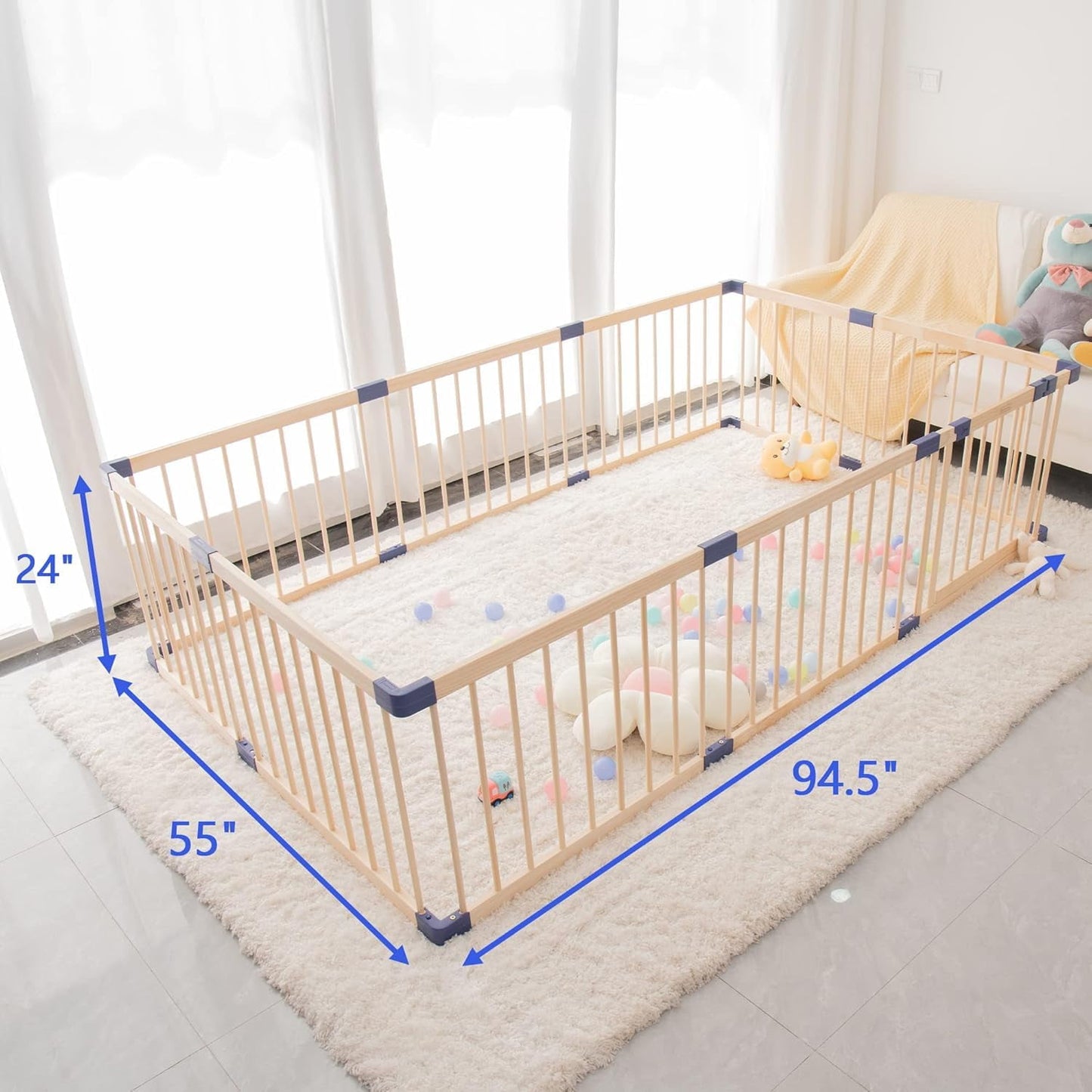 CozyHome Baby Playpen Kids Fence with Safety Gate, Activity Play Center, Safety and Anti-Drop Function, Safety Play Yard Indoor Outdoor Pure Wooden Baby Playpen (94.5"*55"*24")