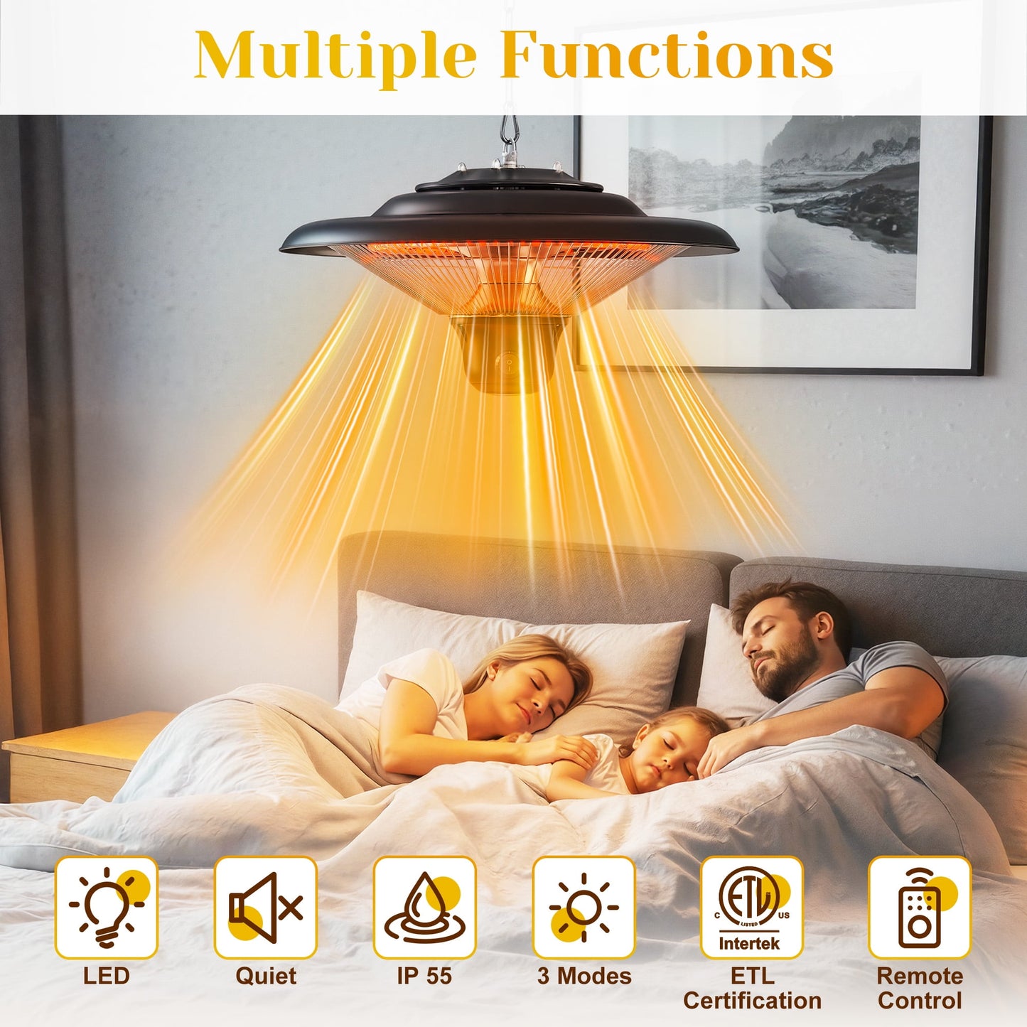 May in Color 1500W Outdoor Hanging Heater, Electric Infrared Hanging Heater, Waterproof Ceiling Heater with 3 Adjustable Modes, Ideal for Porch, Garage, Balcony, Black