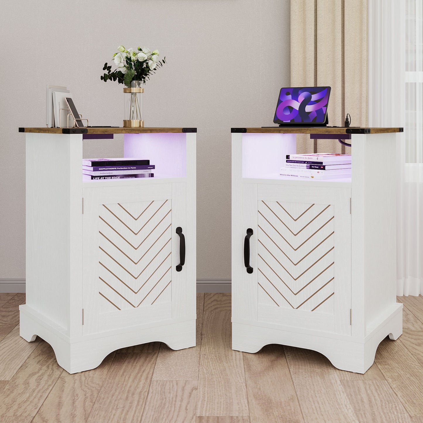 LED Nightstand Set of 2 with Charging Station, Farmhouse Wooden Side Table, Bedside Table with Storage Cabinet and Shelf, Rustic End Table for Bedroom, Living Room